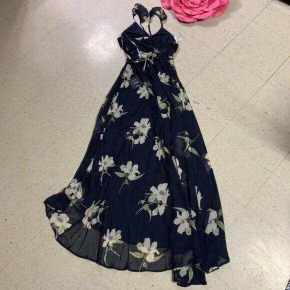 LULUS All Mine Floral Print High-Low Maxi Wrap Dress Navy Blue - Picture 10 of 11